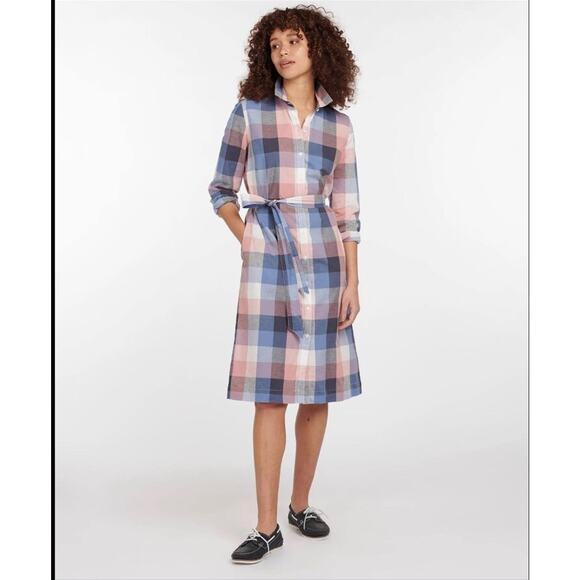 Barbour Dress Tern Pink Blue Check Size 8 Casual Coastal Linen Blend Midi Fall - Picture 1 of 12